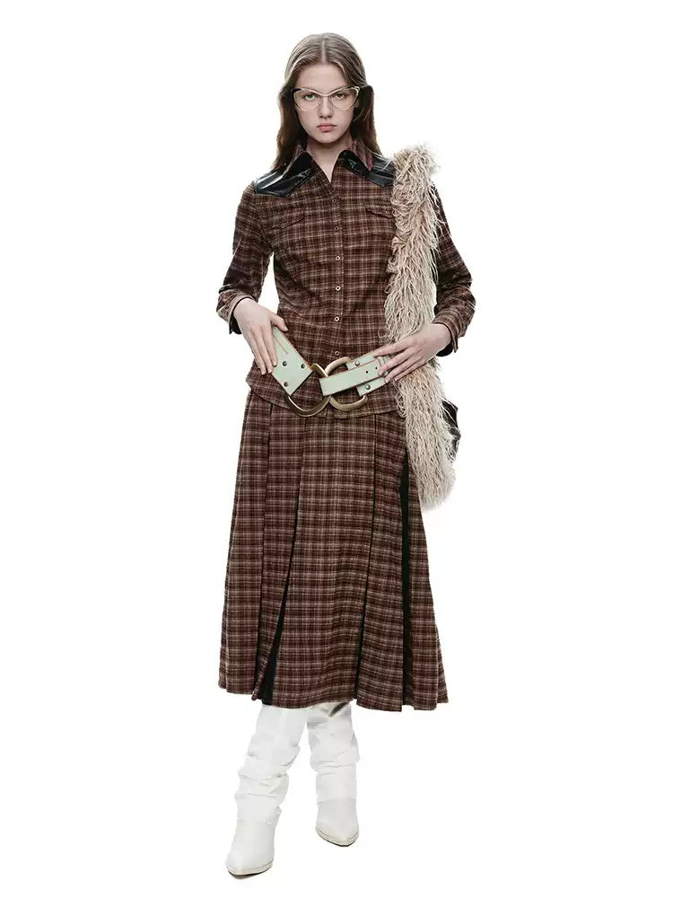 NEXT PASSPORT brown faux-leather plaid shirt — seated modeled front view