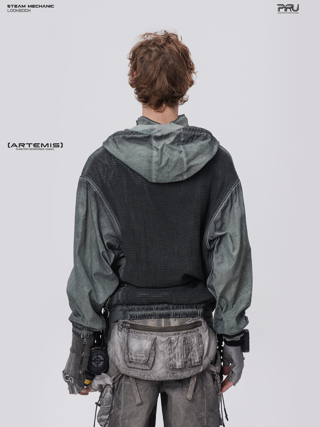 PIONEER detachable-hood mesh hoodie in moon shadow blue, back close view showing the black mesh panel