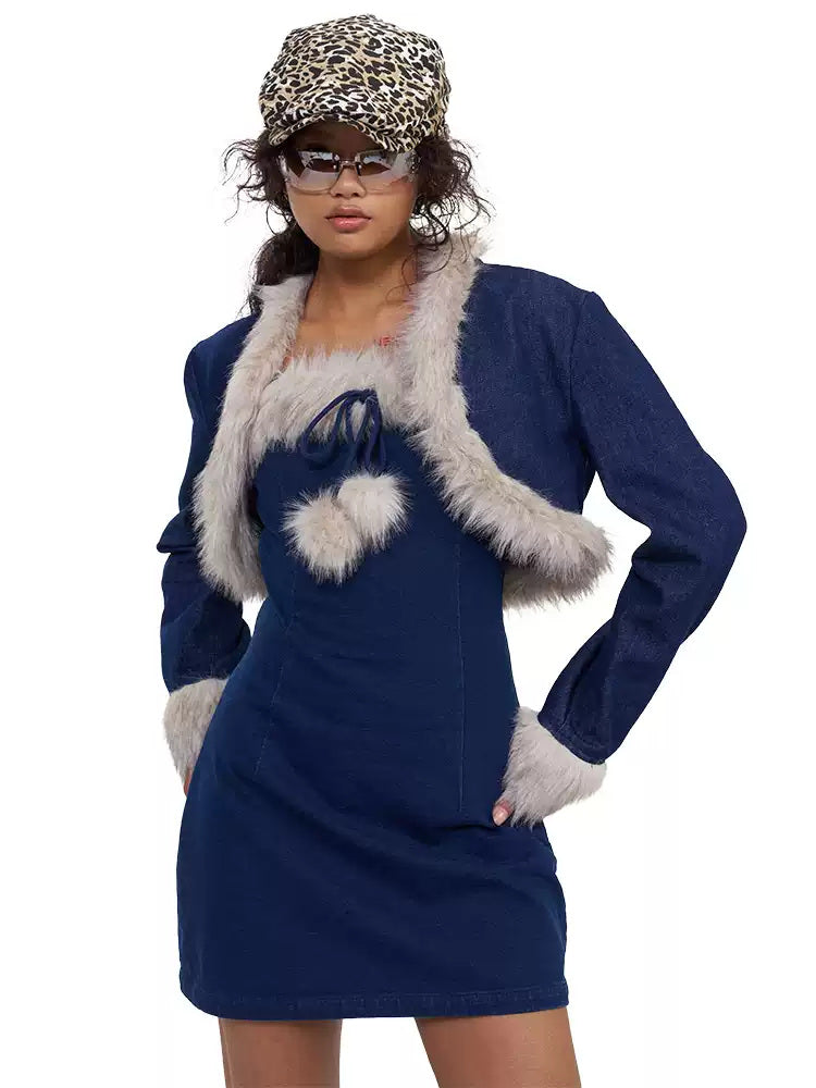 NEXT PASSPORT denim faux-fur cardigan cardigan front view.