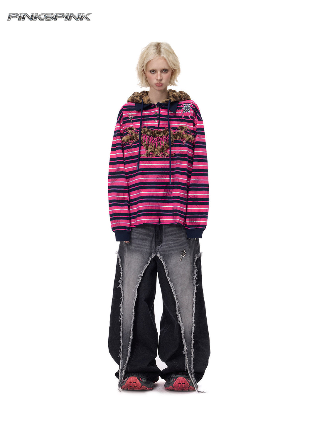 PINKSPINK CAT ALIEN leopard-ear striped hoodie — full-length front modeled view with the hood down and wide-leg jeans