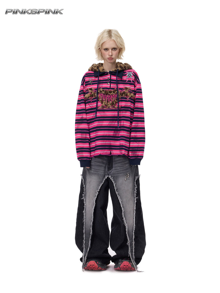 PINKSPINK CAT ALIEN leopard-ear striped hoodie — full-length front modeled view with the hood down and wide-leg jeans
