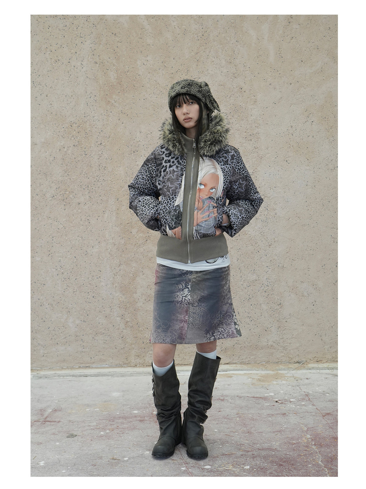 4RE1GN NAILS DONE leopard graphic down jacket in gray multicolor — full-length front modeled view showing the zip and ribbed hem