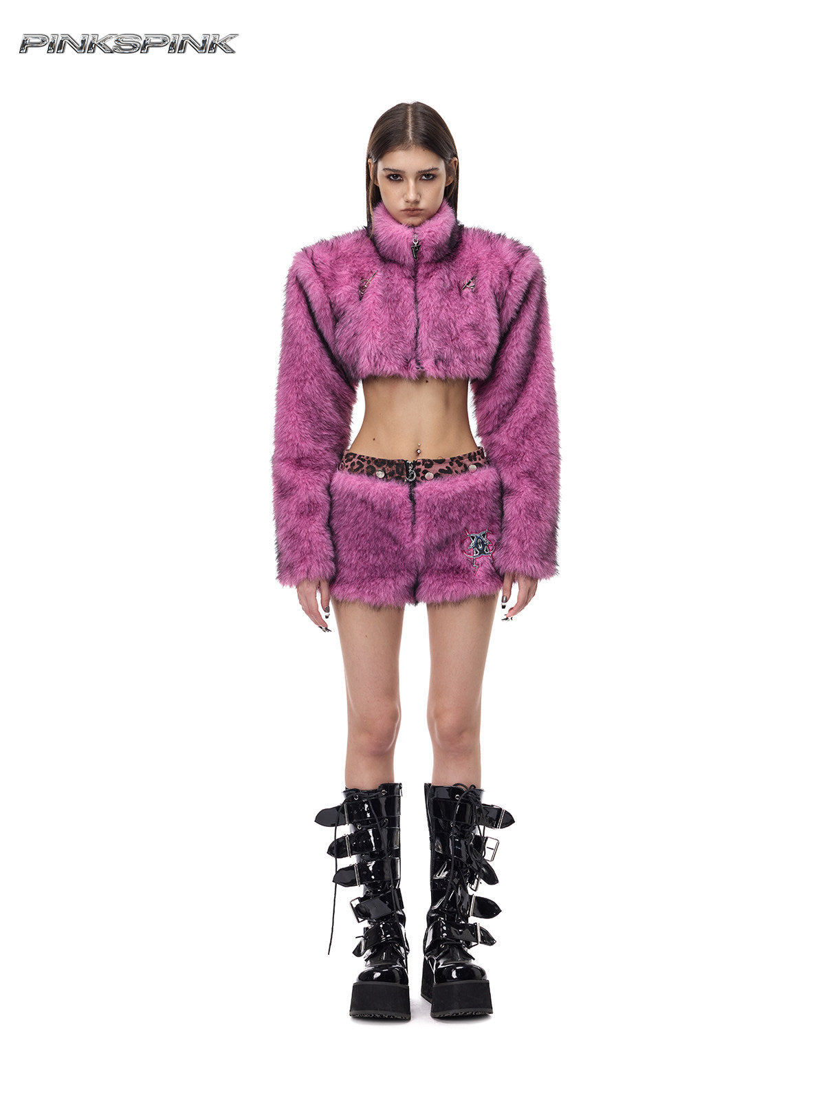 PINKSPINK ELECTRIC MOON gradient faux-fur cropped jacket — front full-length modeled view with a matching pink mini skirt