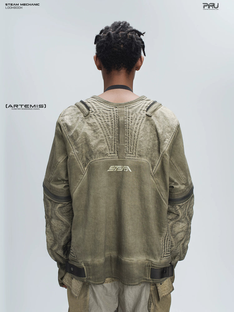 PIONEER mercury-brown detachable-sleeve jacket, rear view showing gathered paneling, logo and hem tabs