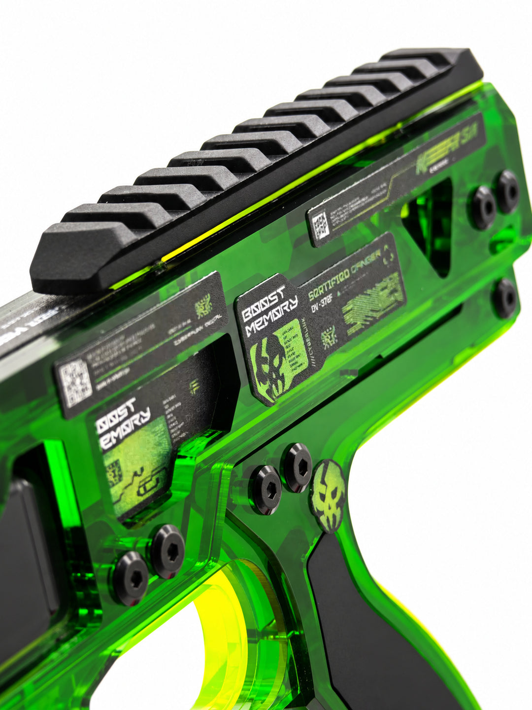 FOCKSHOP REBORN illuminated blaster prop — dark-green upper body close-up showing rail and graphic panels