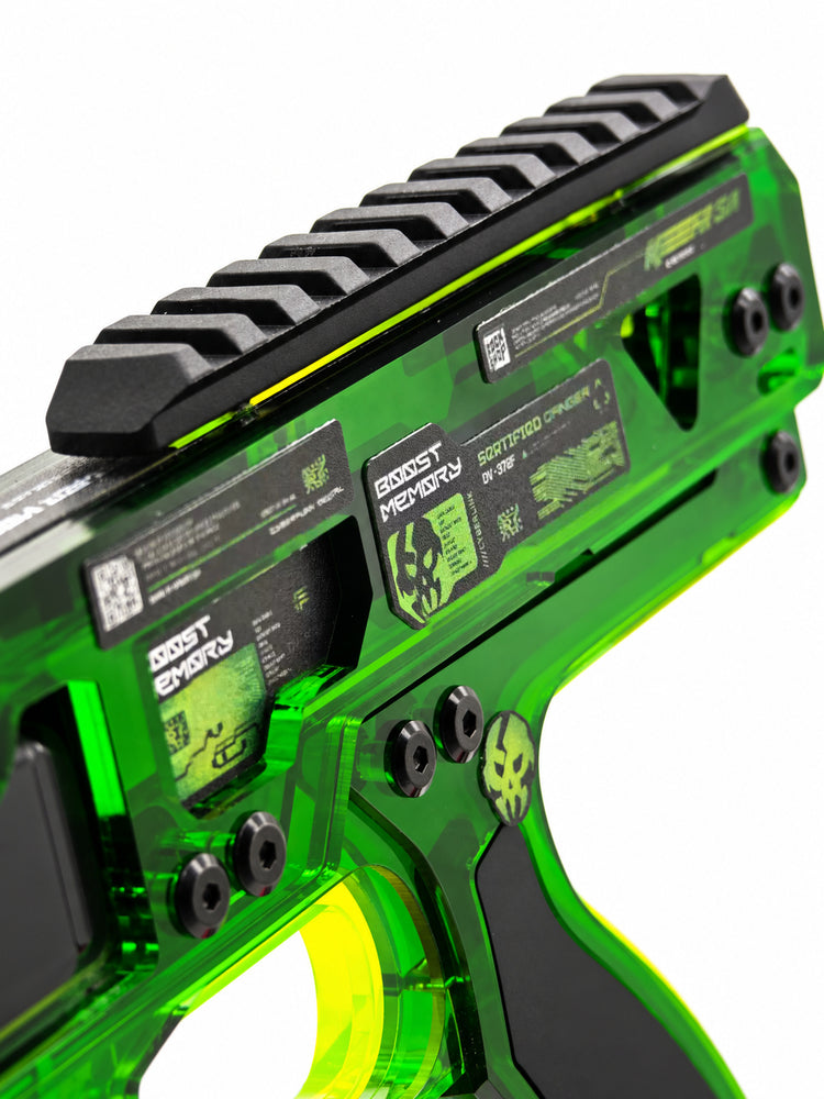 FOCKSHOP REBORN illuminated blaster prop — dark-green upper body close-up showing rail and graphic panels