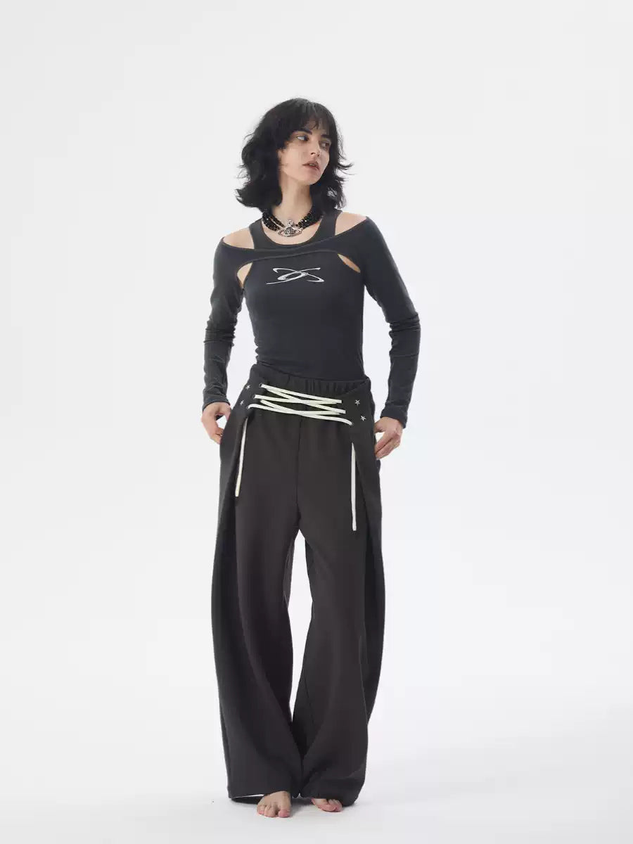 ERRORCODE ROBOT dark gray off-shoulder long-sleeve tee, full-length front modeled view