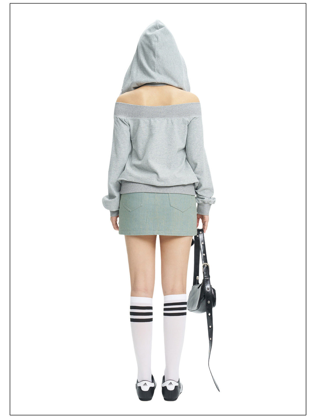 Rear white-background view of the gray off-shoulder hoodie