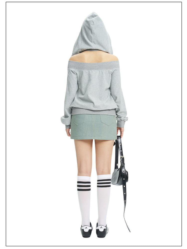 Rear white-background view of the gray off-shoulder hoodie