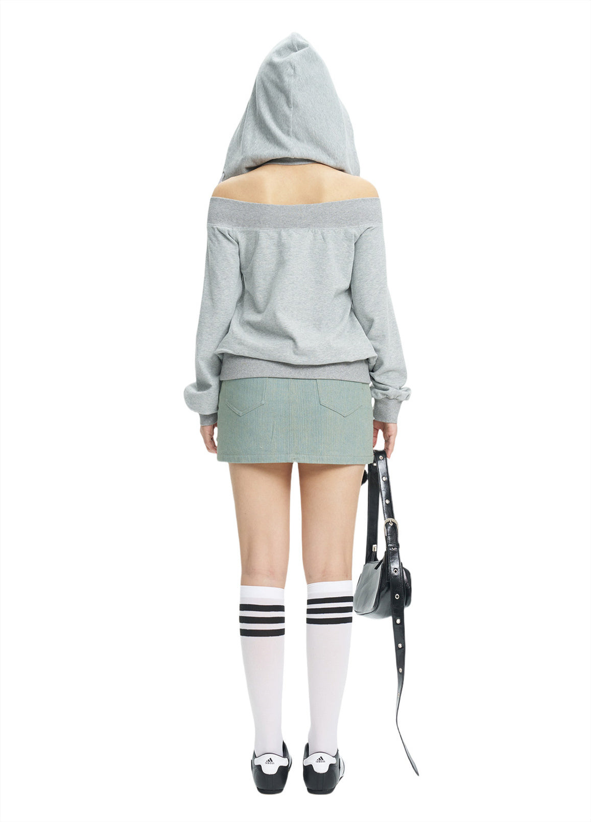 Rear white-background view of the gray off-shoulder hoodie