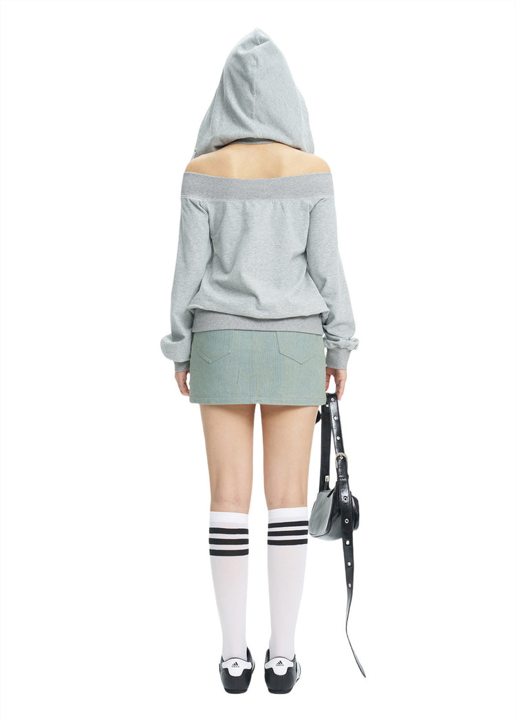 Rear white-background view of the gray off-shoulder hoodie