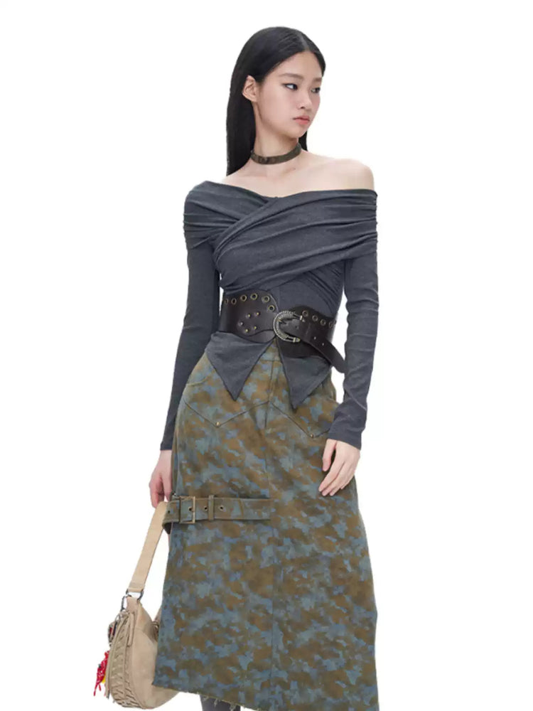 NEXT PASSPORT gray cross-pleated off-shoulder top — view 4