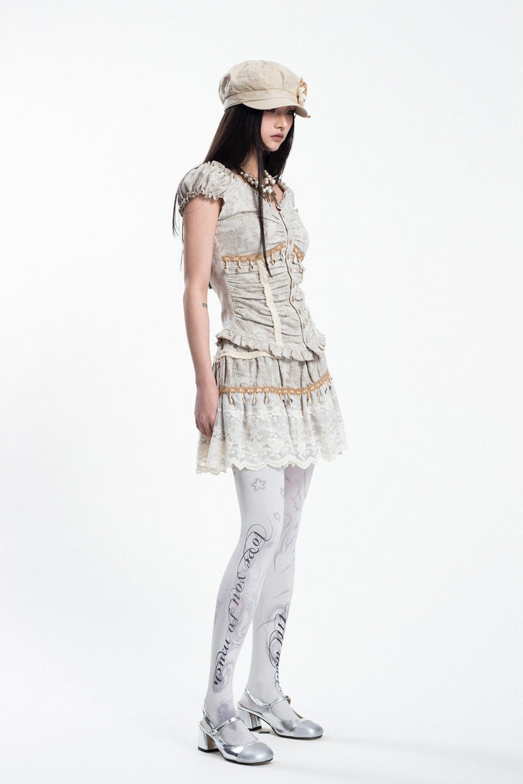 4RE1GN SHELL jacquard blouse and lace skirt separates in ivory — full-length three-quarter studio modeled view of the matching separates