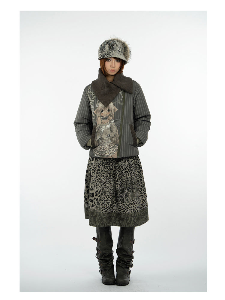 4RE1GN COMIC STRIPE asymmetric-collar down jacket in olive green — three-quarter modeled view styled with a leopard-print skirt