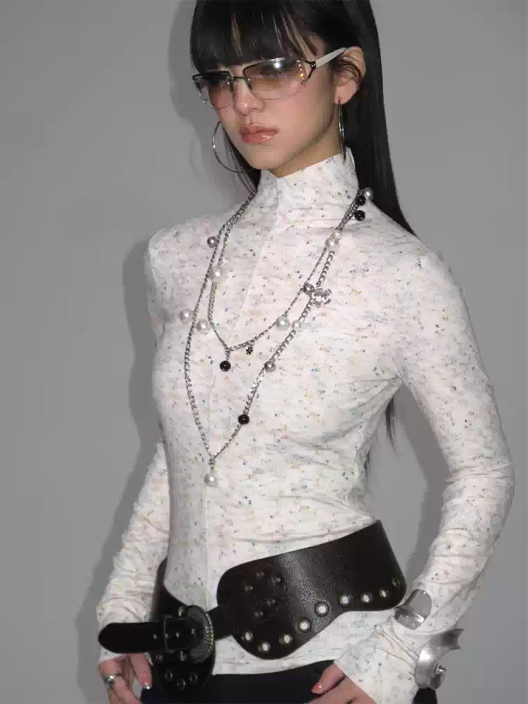NEXT PASSPORT ivory fitted mock-neck long-sleeve tee studio close-up.