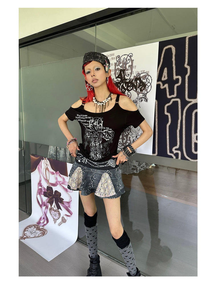 4RE1GN JEWEL denim-print lace mini skirt in black multicolor — full-length modeled view beside the brand display