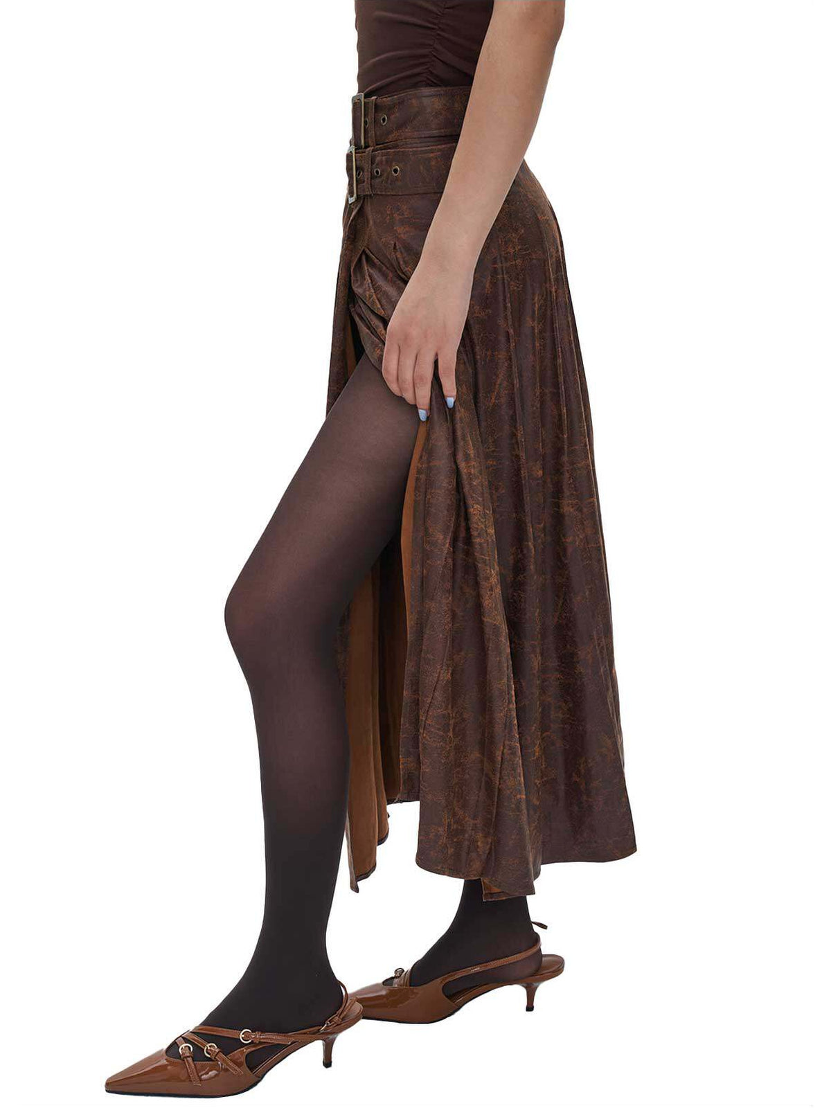 Brown faux-suede wrap skirt side slit and pleat view