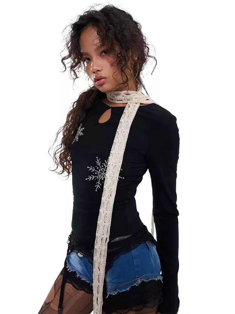 NEXT PASSPORT black rhinestone-snowflake keyhole long-sleeve tee, white-background modeled front view