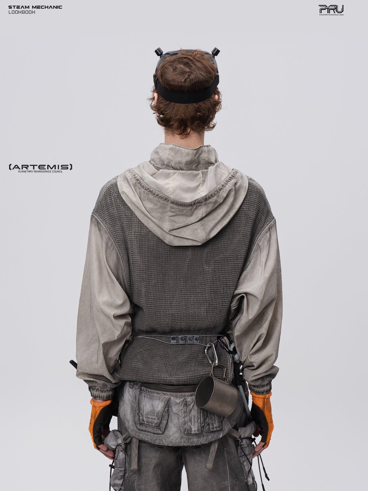 PIONEER meteorite-gray mesh hoodie, back close view showing the large dark mesh panel