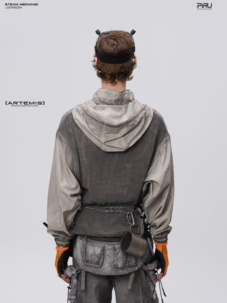 PIONEER meteorite-gray mesh hoodie, back close view showing the large dark mesh panel
