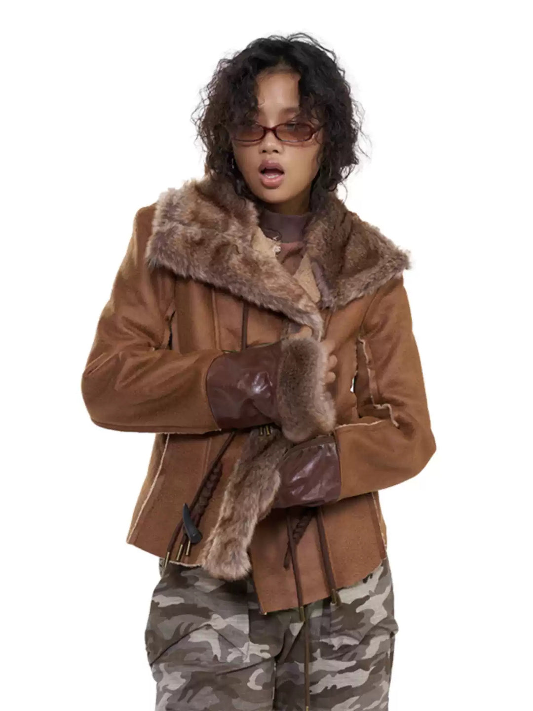 NEXT PASSPORT dark-brown rope-toggle shearling cropped jacket, shearling collar and cuff close-up