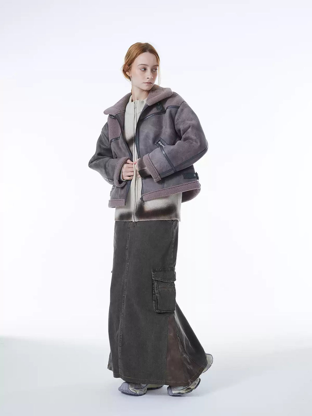 ERRORCODE ROBOT gray-purple paneled faux-shearling jacket, full-length modeled front view