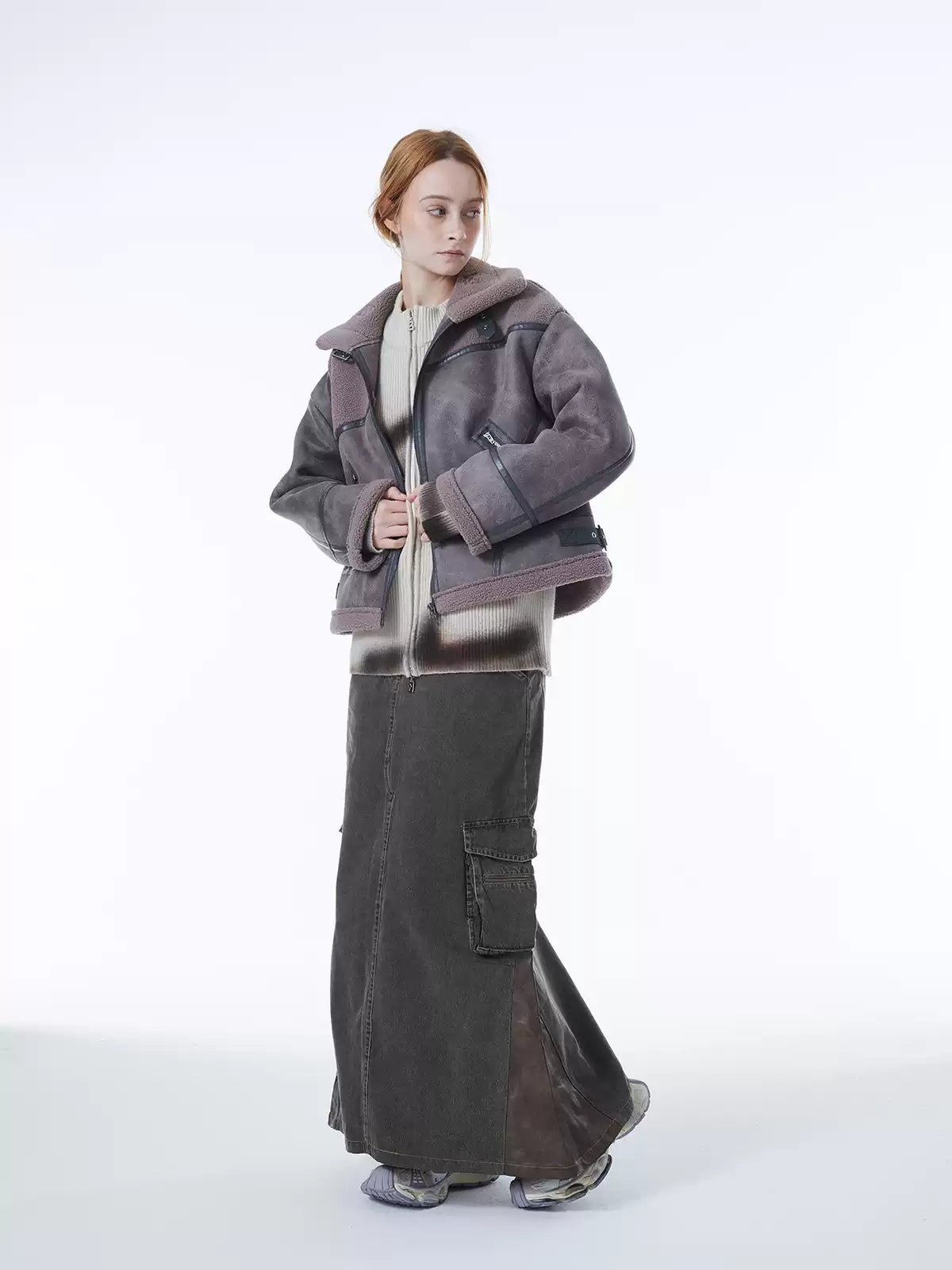ERRORCODE ROBOT gray-purple paneled faux-shearling jacket, full-length modeled front view