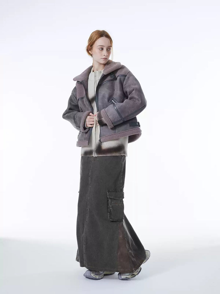 ERRORCODE ROBOT gray-purple paneled faux-shearling jacket, full-length modeled front view