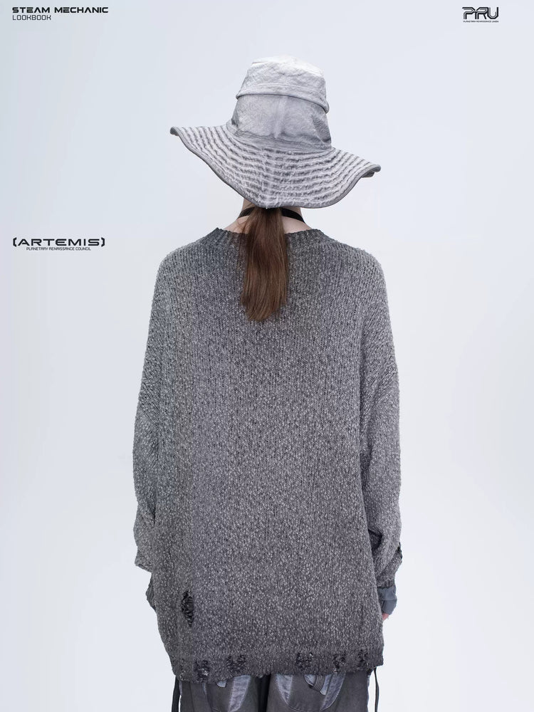 ARTEMIS distressed reversible knit sweater, moon dust gray, close rear view