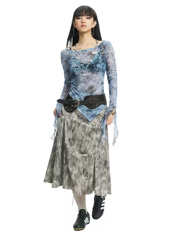 NEXT PASSPORT blue-gray printed mesh asymmetric long-sleeve top, photo 4