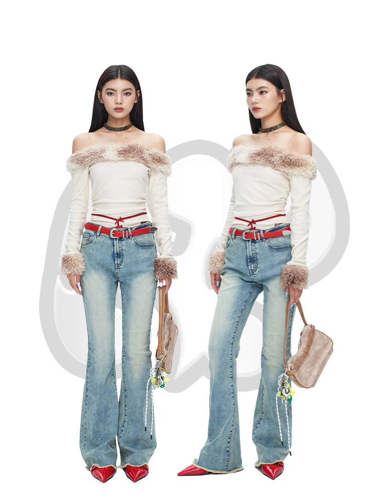 NEXT PASSPORT vintage light-wash stretch flared jeans in blue — paired front and angled studio views.