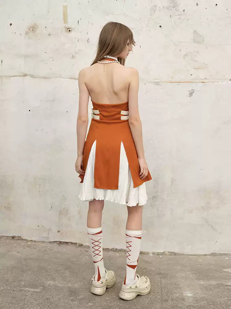 NEXT PASSPORT color-block halter-neck double-slit layered dress — back studio look