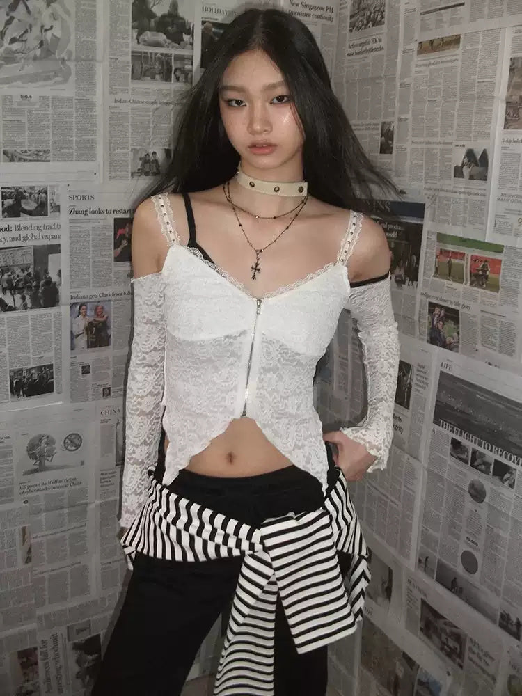 NEXT PASSPORT white lace off-shoulder zip crop top — newspaper-set front view