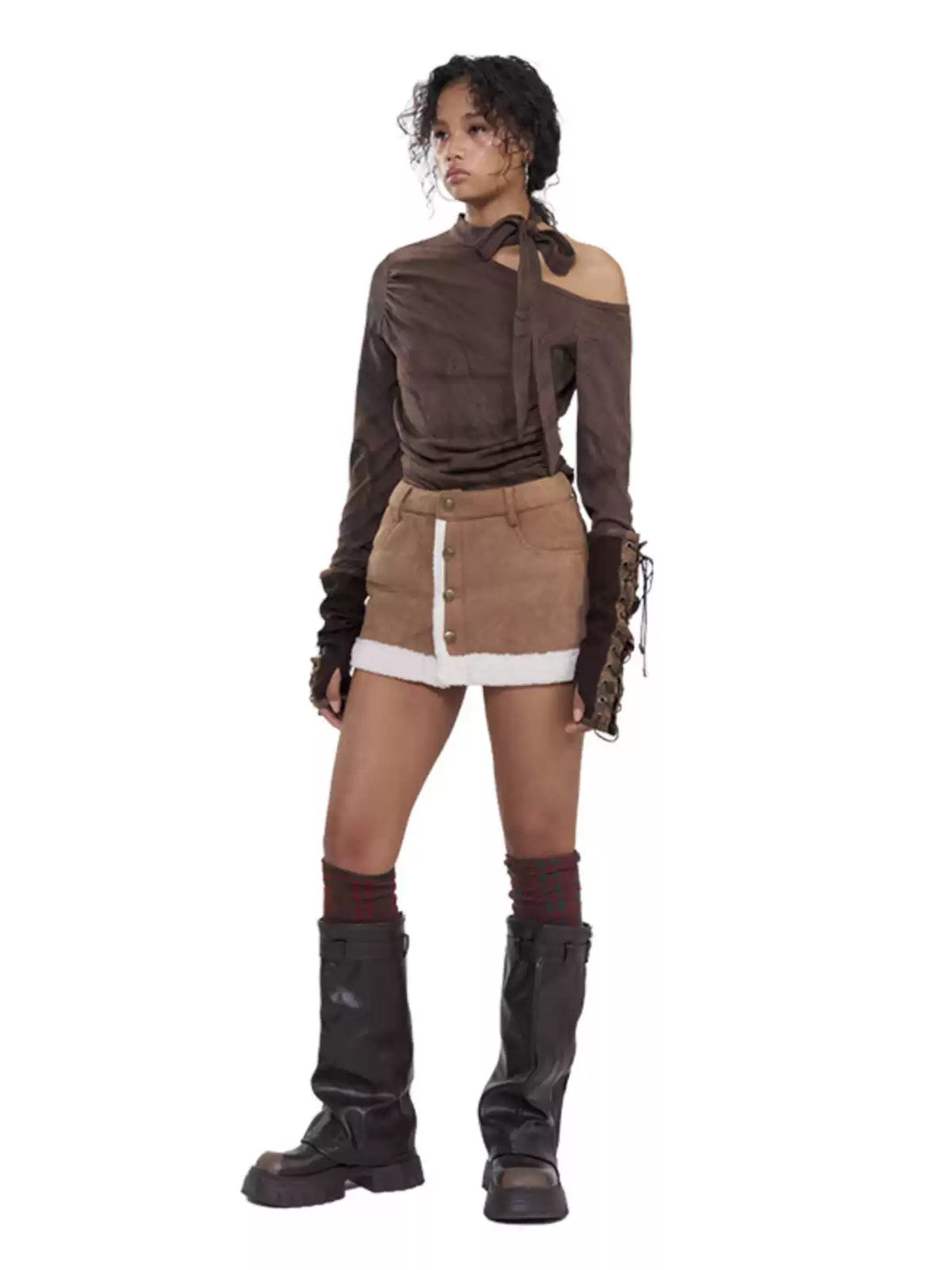 NEXT PASSPORT brown faux-shearling mini skirt, full-length front-left studio pose