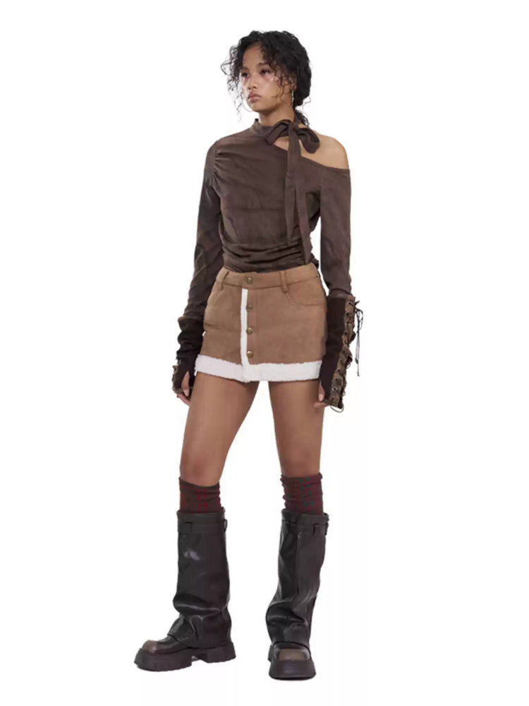 NEXT PASSPORT brown faux-shearling mini skirt, full-length front-left studio pose