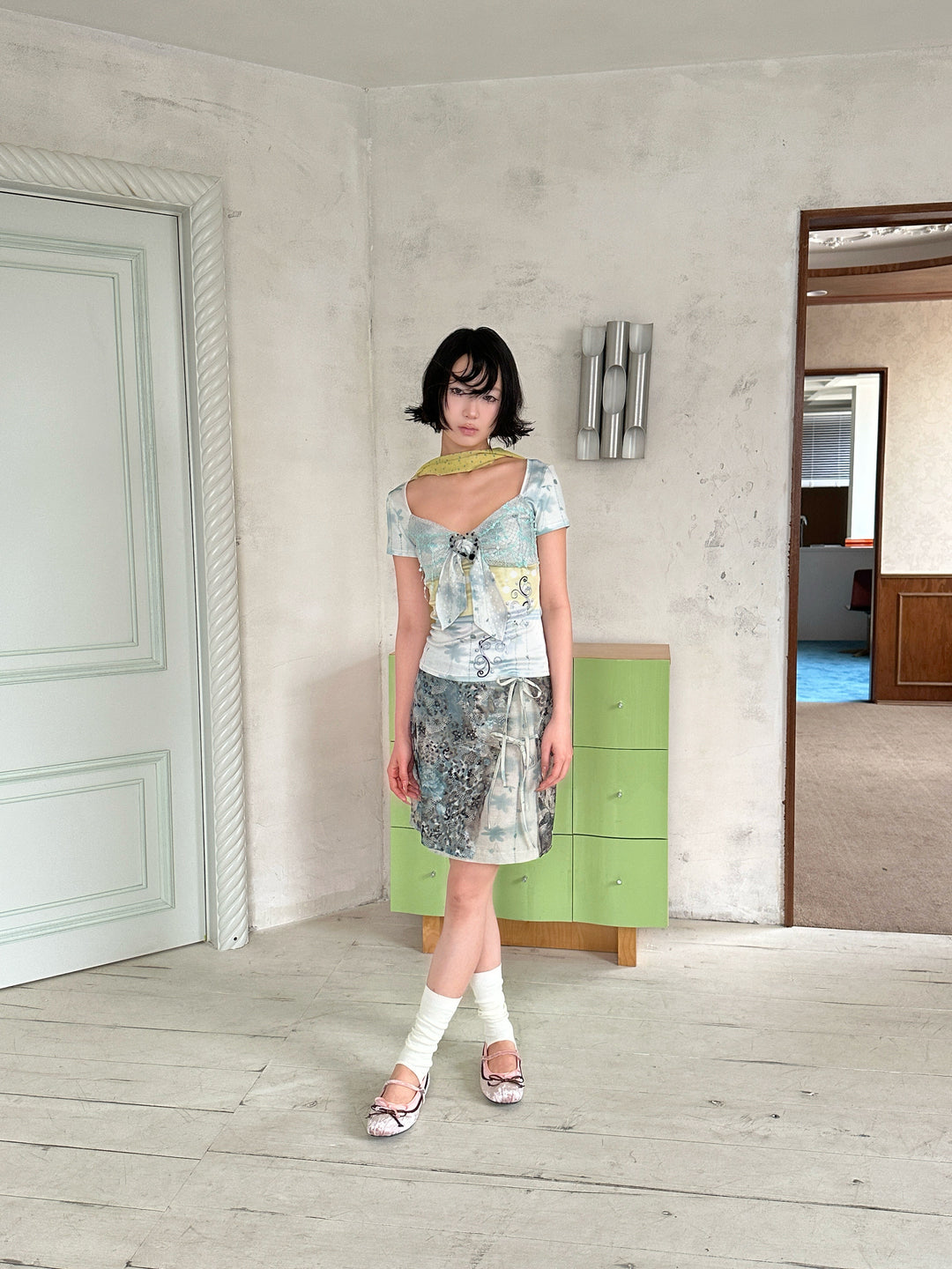 4RE1GN BLUE BLOOM tie-front layered skirt in blue multicolor — full-length front modeled view with the matching BLUE BLOOM tee