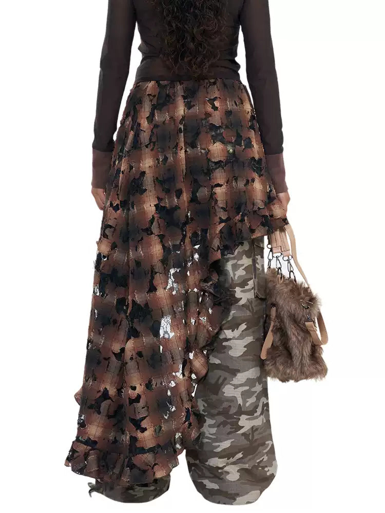 NEXT PASSPORT distressed plaid lace skirt overlay — side profile showing the asymmetric train.