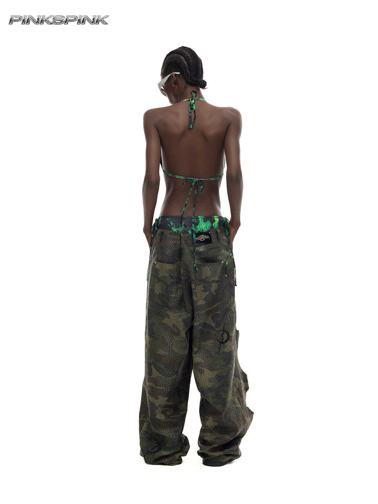 PINKSPINK DOUBLE STACK distressed camouflage wide-leg jeans — back full-length modeled view showing the low-rise waist