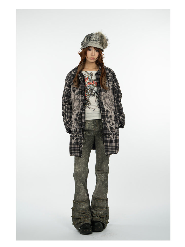 4RE1GN BEARHEART plaid long down coat in brown multicolor — full-length modeled view with the coat unzipped
