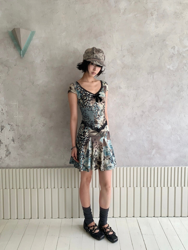4RE1GN SEA BLUE leopard floral lace dress in gray blue — full-length three-quarter modeled view