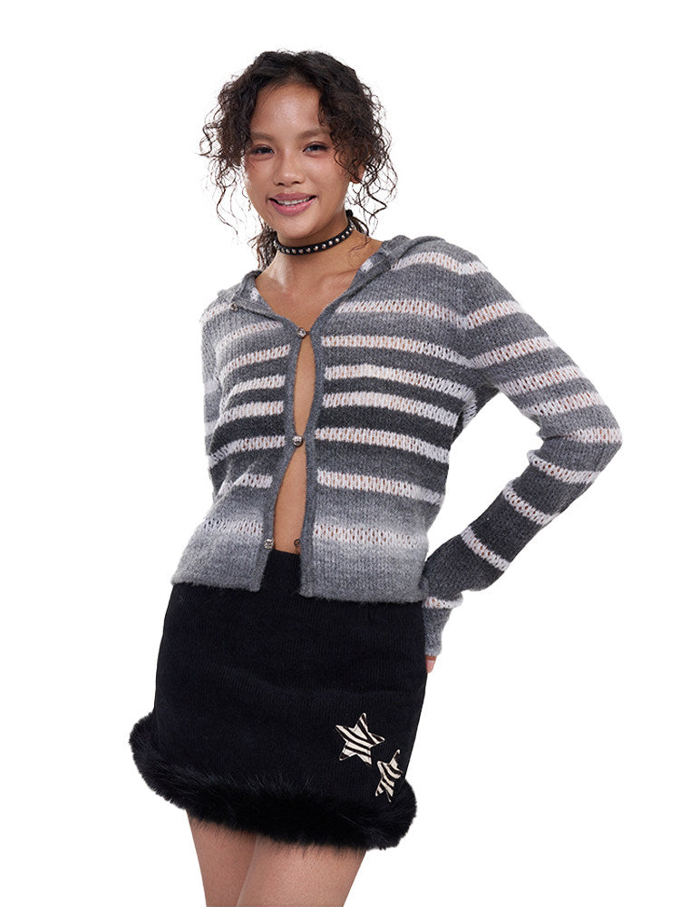 Model detail view of the gray-white gradient button-front knit cardigan