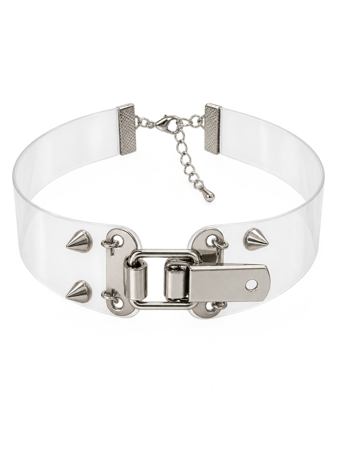 Angled studio view of the translucent ALISA01 studded choker and its silver-tone hardware.