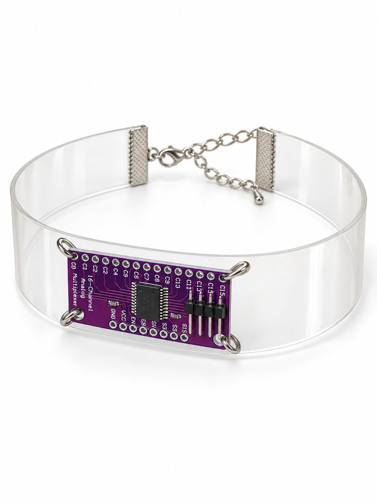 ALISA01 translucent circuit-board choker — angled solo view on white