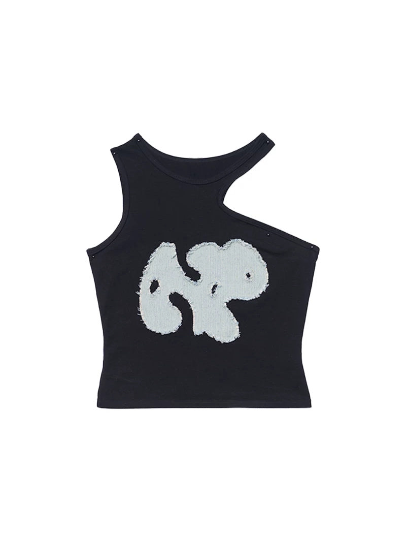 NEXT PASSPORT black-blue asymmetric appliqué cutout tank top — flat lay.