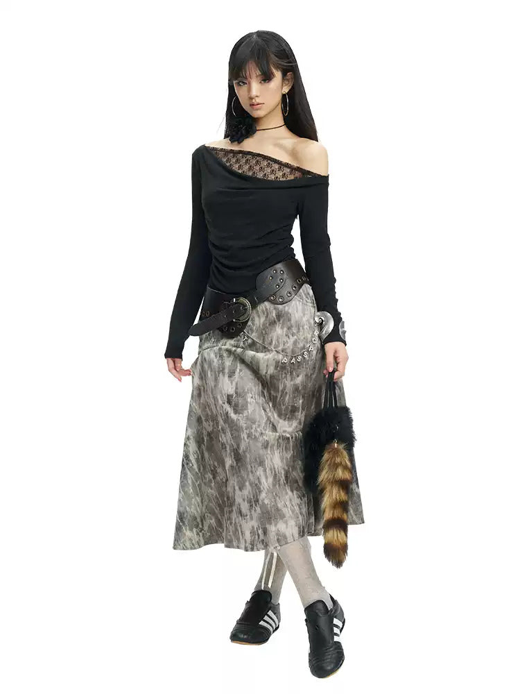 NEXT PASSPORT black lace-trim off-shoulder long-sleeve top — full-length posed view on white.