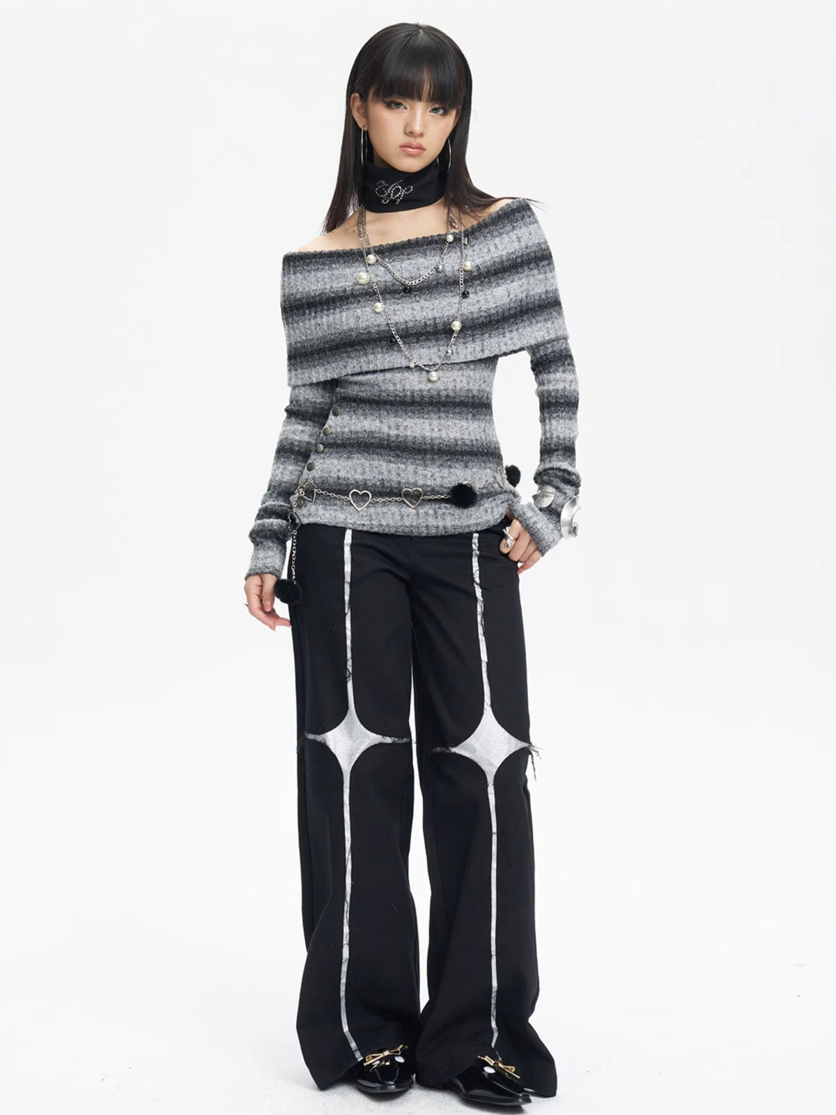NEXT PASSPORT black silver-cross sequin wide-leg pants — front full-length look.