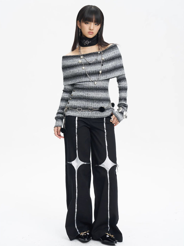 NEXT PASSPORT black silver-cross sequin wide-leg pants — front full-length look.