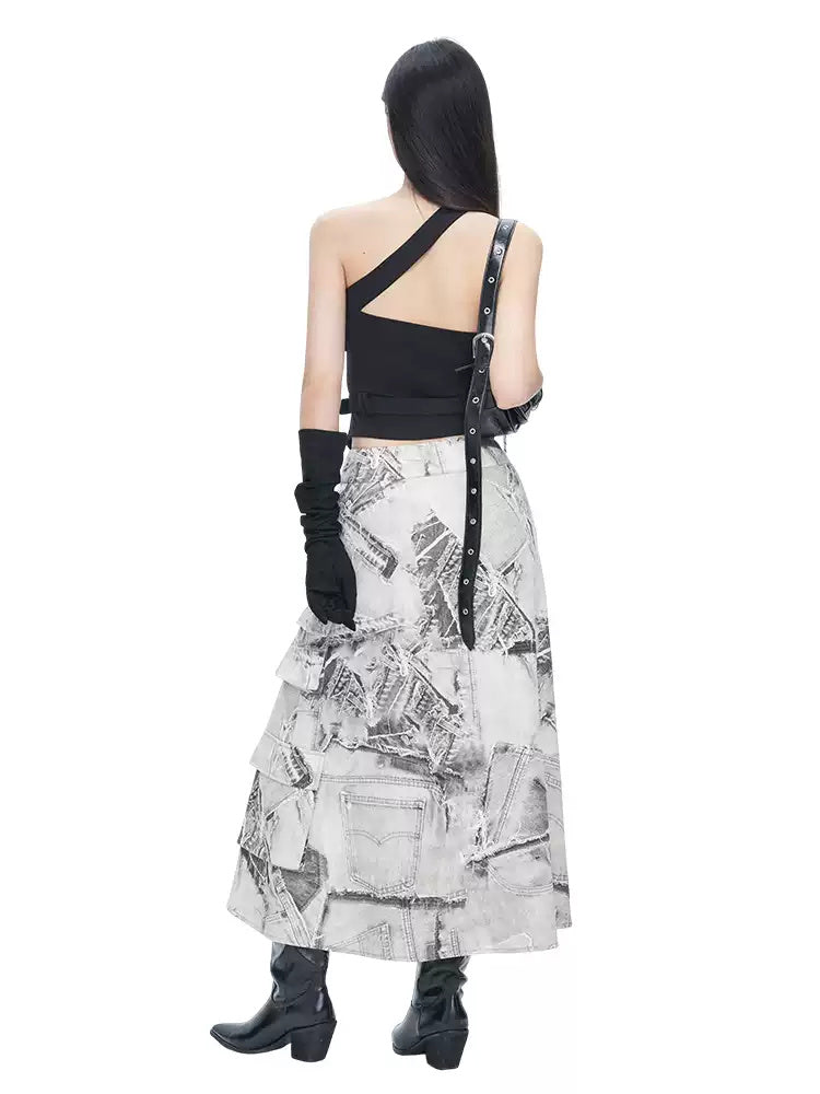 NEXT PASSPORT black-white denim-print maxi skirt — back full-length studio view