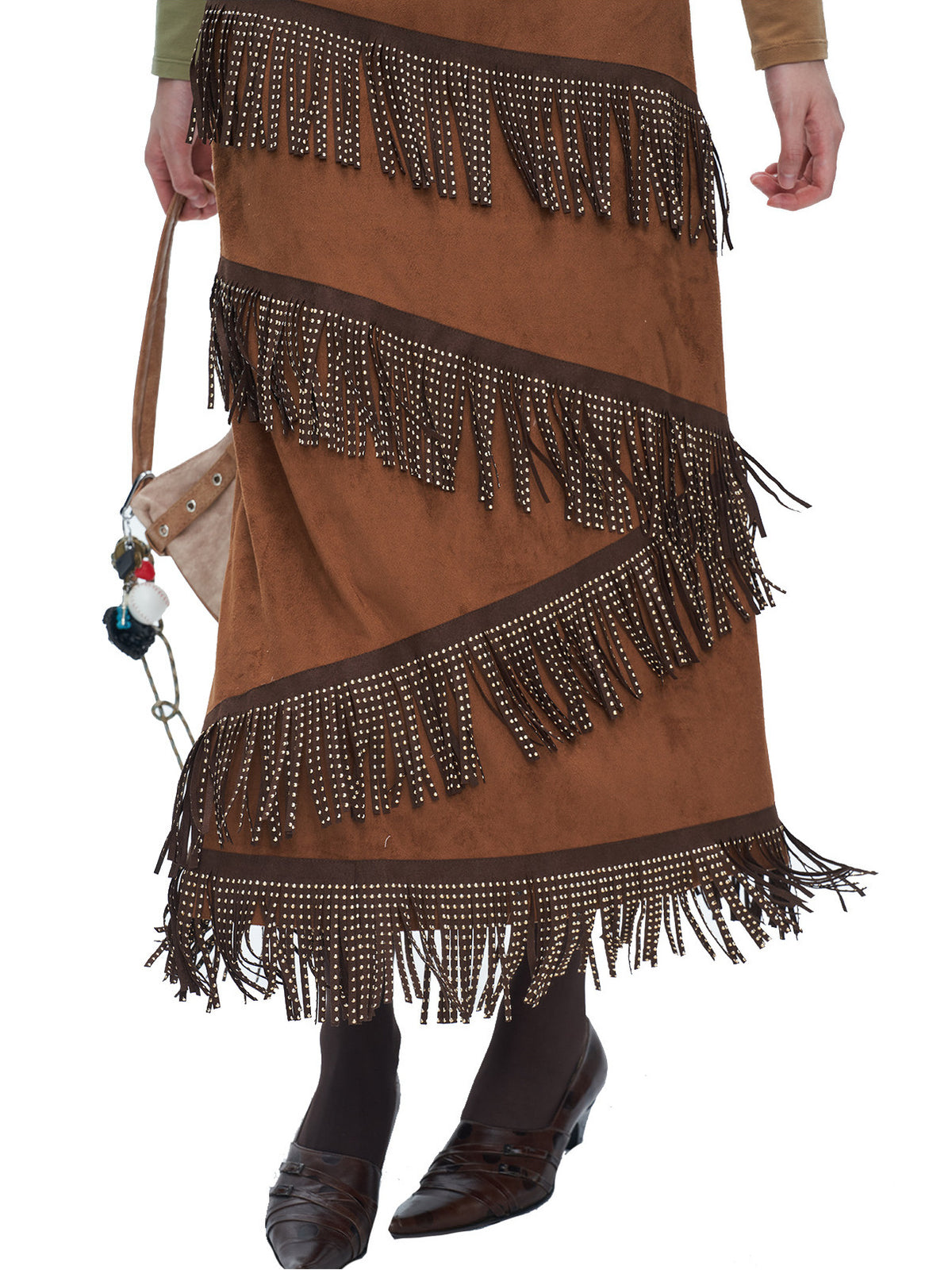 NEXT PASSPORT brown faux-suede fringe maxi skirt studded fringe detail