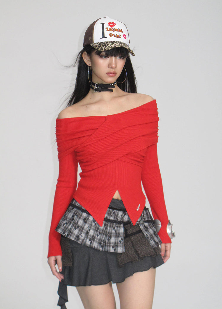 NEXT PASSPORT red cross-pleated off-shoulder long-sleeve top close view